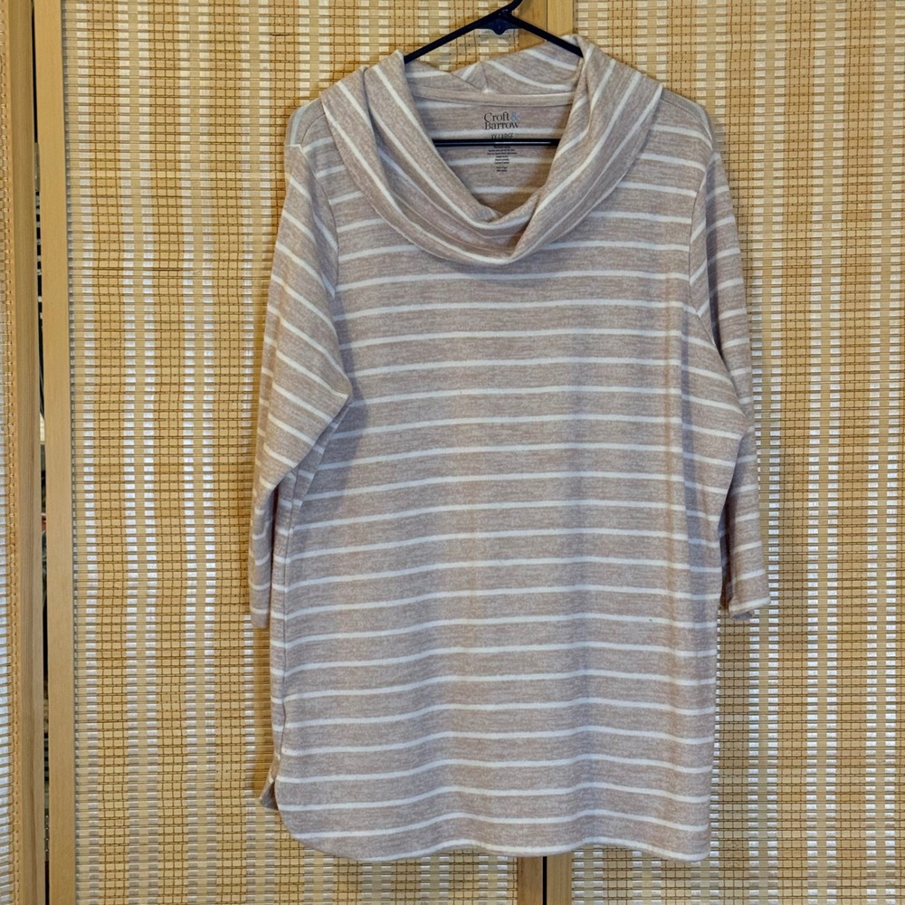 Croft & Barrow Womens XXL Tan White Striped Cowl Neck 3/4 Sleeve Pullover Top